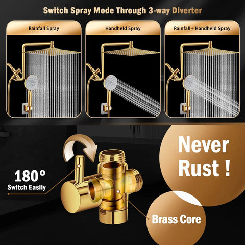 12 Inch Dual Shower Head System With Adjustable Extension Arm And 6 Setting Handheld Shower Head Brushed Gold Finish For A Dope Customizable Spa Like Shower Experience