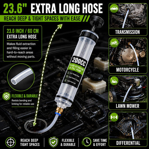 Heavy Duty Manual Fluid Extractor Pump Featuring Two Flexible Hoses For Rapid Engine Oil Brake Fluid And Coolant Transfer showing 23.6 inch long hose for easy access.