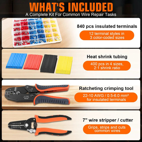 Killer 1242 Piece Wire Terminal Crimping Tool Kit That Comes Loaded with Ratcheting Crimper and Wire Stripper Cutter Offering 840 Insulated Connectors and 400 Heat Shrink Tubing Pieces for Serious Wiring Work with crimping tools and connectors.