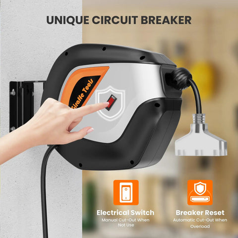 Heavy Duty Retractable Extension Cord Reel With Lighted Triple Tap, 50FT 14AWG 3C SJTOW Power Cord mounted on wall