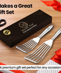 Two-piece stainless steel fish spatula set with slotted heads (large and small) displayed beside a black gift box.