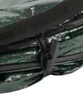 Close-up of zippered lid and tie of Pop Up 29.5 Gallon Outdoor Trash Can Collapsible For Parties, Yard Work, Camping, Or Laundry