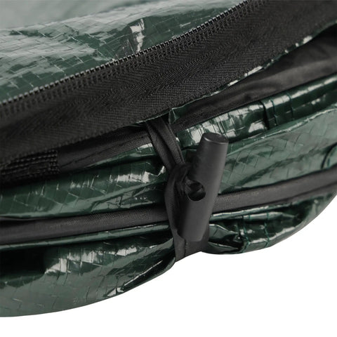 Close-up of zippered lid and tie of Pop Up 29.5 Gallon Outdoor Trash Can Collapsible For Parties, Yard Work, Camping, Or Laundry