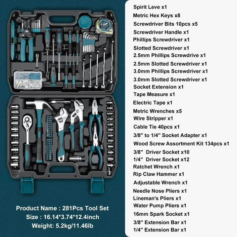281 Piece All In One Home Tool Kit Portable Complete Basic Repair Set For DIYers And Pros Includes Socket Wrench Set