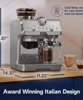 Compact Espresso Machine With Built In Burr Grinder And Milk Frother For A Home Barista Kit displayed on a kitchen counter.