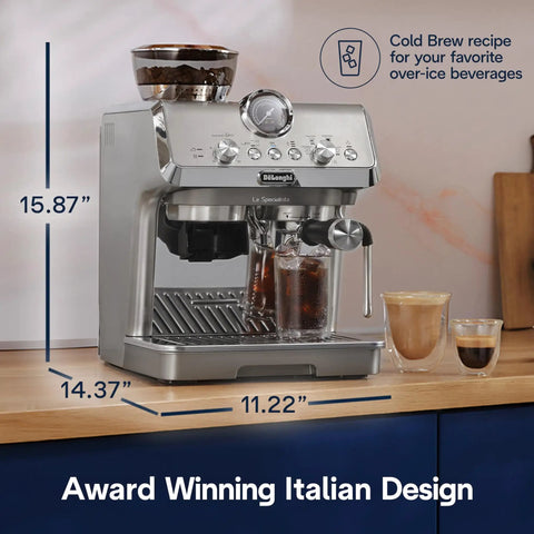 Compact Espresso Machine With Built In Burr Grinder And Milk Frother For A Home Barista Kit displayed on a kitchen counter.
