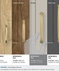 Comparison of Renown Champagne Bronze Cabinet Pulls in various sizes on different wood finishes.