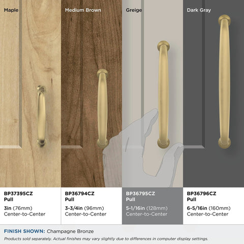 Comparison of Renown Champagne Bronze Cabinet Pulls in various sizes on different wood finishes.