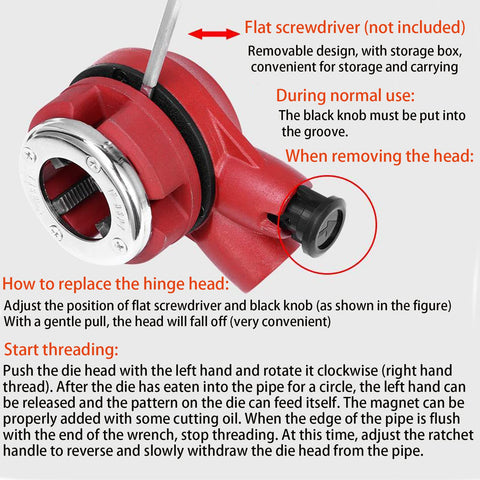 Ratcheting Pipe Threader Kit With Seven Dies Set Covers 3/8 In, 1/2 In, 3/4 In, 1 In, 1-1/4 In, 1-1/2 In, 2 In BSPT, ergonomic handle and cast iron head