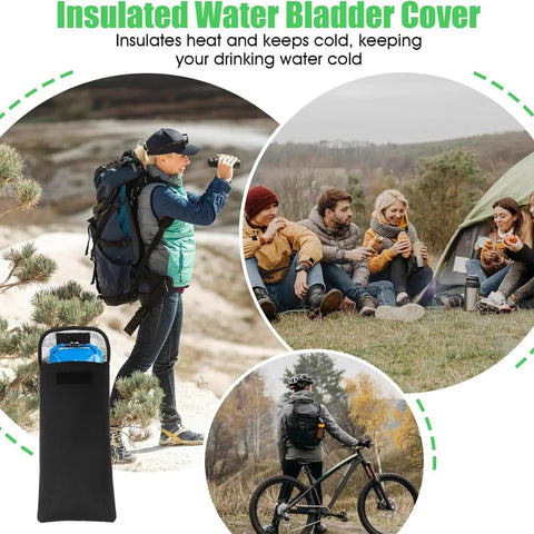 Insulated Hydration Bladder Bag for Outdoor Adventures displayed with hikers and cyclists using the bag in various settings