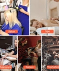 Collage of service environments: salon with hair styling, spa massage, manicure session, tattoo art, mechanical workshop.