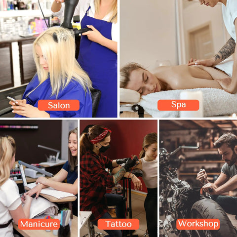 Collage of service environments: salon with hair styling, spa massage, manicure session, tattoo art, mechanical workshop.