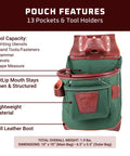 FatLip Left Hand Tool Bag With 13 Pockets And Tool Holders, Durable Leather Construction with FatLip Mouth, Made In USA