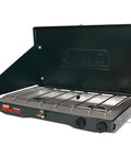 Two Burner Propane Camping Stove with 20,000 BTU Output, wind block panels, and pressure regulator for steady heat, open view