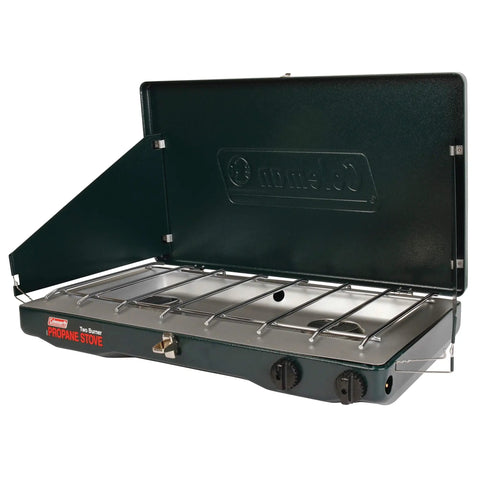 Two Burner Propane Camping Stove with 20,000 BTU Output, wind block panels, and pressure regulator for steady heat, open view