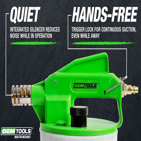 2L Vacuum Brake Bleeder Kit For One Person Operation, green pneumatic handle with trigger lock and silencer in side view