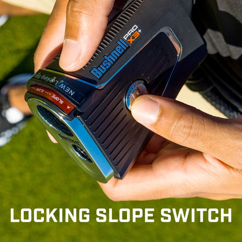 Close-up of Golf Rangefinder With Wind Speed And Slope Compensation Link X3 Plus being held, showing the locking slope switch.