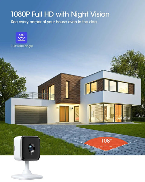 Modern house with "Indoor Security Camera And Baby Monitor All In One 1080P HD WiFi Setup With Night Vision, Motion And Sound Alerts, Two Way Audio, Cloud And SD Card Storage, Works With Alexa And Google Assistant, 3 Pack". 108° wide angle view demo
