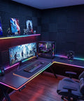 96 Pack Heavy Duty Acoustic Foam Wedge Tiles Soundproofing Wall Panels For Recording Studios Kill The Echo With Pro Grade Mid High Frequency Absorption And Fool Proof Double Sided Tape 12 By 12 By 1 Inch used in a modern gaming setup.