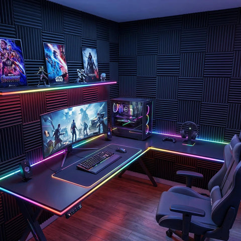 96 Pack Heavy Duty Acoustic Foam Wedge Tiles Soundproofing Wall Panels For Recording Studios Kill The Echo With Pro Grade Mid High Frequency Absorption And Fool Proof Double Sided Tape 12 By 12 By 1 Inch used in a modern gaming setup.