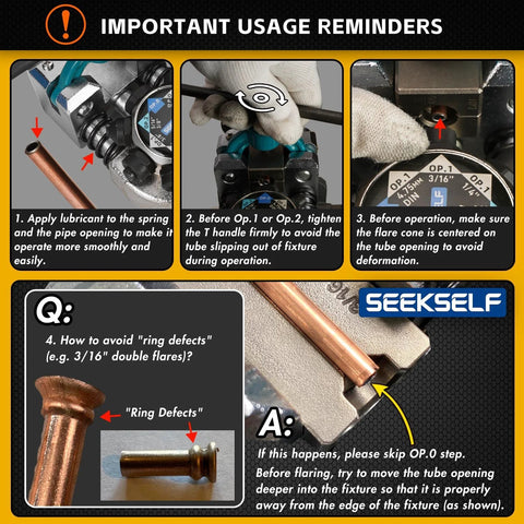 SEEKSELF brake line flaring tool kit with copper tubing and blue/black metal fixture; instruction panel