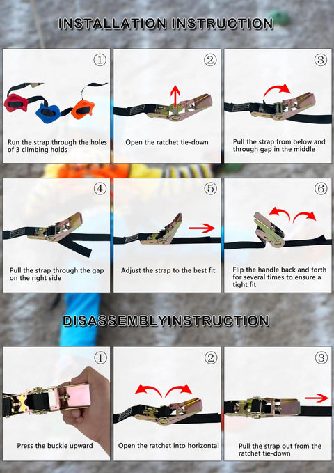 Installation instructions for 16 Piece Tree Climbing Holds And 6 Piece Ratchet Strap Climber Kit, showing steps with visuals.