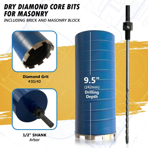 Dry Diamond Core Drill Bit For Brick And Block With Half Inch Shank Pilot Bit Adapter And Nine Point Five Inch Drilling Depth For Wet Or Dry Use Five Eighths Inch Arbor Grit Size Thirty And Forty, shown in close-up and side view