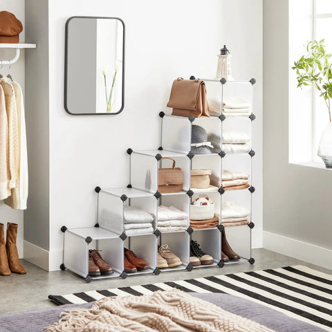 Interlocking Sixteen Cube Shoe Rack Organizer DIY Storage Cabinet For Closet Entryway Bedroom And Garage Space Saver