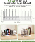 Adjustable Bakeware Organizer Pot Lid Holder Rack for Pots, Cake Molds, Cutting Boards, Mats and Cookware Storage, Extendable Width From 12.6 to 21.5 Inches, 7.7 Inch Deep setup in kitchen cabinet