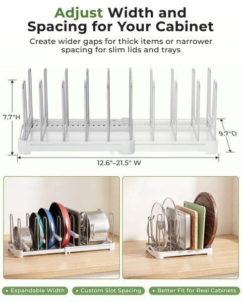 Adjustable Bakeware Organizer Pot Lid Holder Rack for Pots, Cake Molds, Cutting Boards, Mats and Cookware Storage, Extendable Width From 12.6 to 21.5 Inches, 7.7 Inch Deep setup in kitchen cabinet