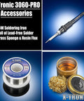 75 Watt Soldering Station Kit With Mini Mag Lamp And 4 Helping Hands Dual Digital Displays Three Pro Grade Presets Sleep Function C F Toggle Brass Sponge Cleaner With Flux And Wet Sponge accessories displayed.