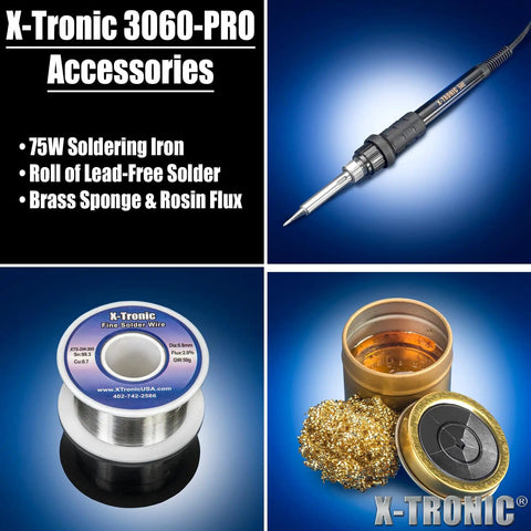 75 Watt Soldering Station Kit With Mini Mag Lamp And 4 Helping Hands Dual Digital Displays Three Pro Grade Presets Sleep Function C F Toggle Brass Sponge Cleaner With Flux And Wet Sponge accessories displayed.