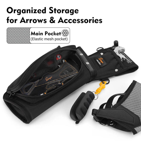 Open view of Field And Competition Hip Arrow Quiver With 3 Slot System Holds 12 Plus Arrows Noise Free Design showing storage pockets