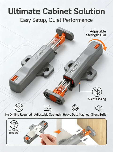 Push To Open Cabinet Hardware 2 Pack Beefed Up Heavy Duty Non Magnetic Touch Latch With Silent Soft Close Rebound Mechanism Hidden For Kitchen Wardrobe RV And Bathroom Cabinet Doors Easy Install, gray