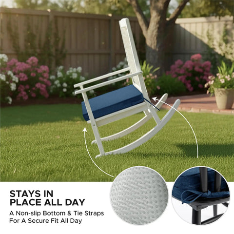 Outdoor Chair Cushions Set Of 4 19 By 19 Inch Navy Blue All Weather Water Resistant And Fade Resistant Patio Seat Pads With Ties Removable Covers Non Slip Bottom on white rocking chair in garden