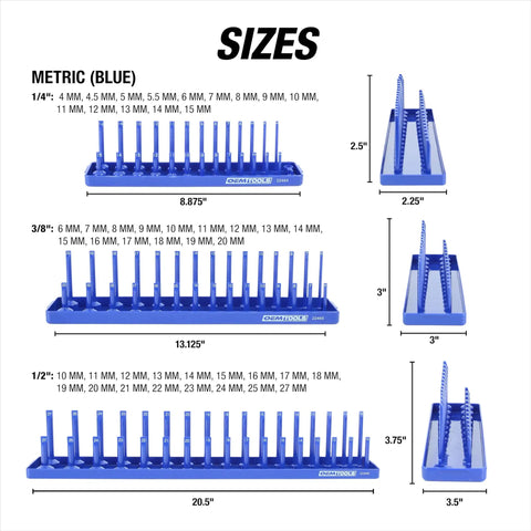 Metric blue socket tray sizes for Six Piece SAE And Metric Socket Tray Set For Quarter, Three Eighths, And Half Inch Drives