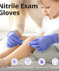 Child receiving a bandage with Premium Violet Nitrile Exam Gloves 3 Mil Medium 100 Pack Box Latex Free Powder Free Food Safe.