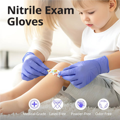 Child receiving a bandage with Premium Violet Nitrile Exam Gloves 3 Mil Medium 100 Pack Box Latex Free Powder Free Food Safe.