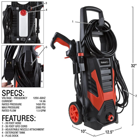 Beastly 2000 Max PSI Electric Powered Pressure Washer with 14.5 Amp Motor and 1.5 GPM, featuring adjustable nozzle and detergent tank.