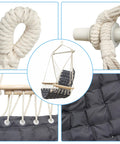 Close-up views of Chill Indoor Outdoor Hammock Chair With Wooden Armrests, Steel Spreader Bar And Anti Slip Rings, Cotton Weave Swing.