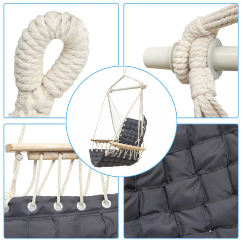 Close-up views of Chill Indoor Outdoor Hammock Chair With Wooden Armrests, Steel Spreader Bar And Anti Slip Rings, Cotton Weave Swing.