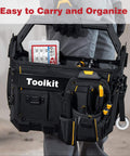Man holding toolkit bag with 144 Piece Clevis Pin And Cotter Pin Kit With 15 Sizes Zinc Plated Flat Head Pins R Clips Hair Pin Assortment visible inside