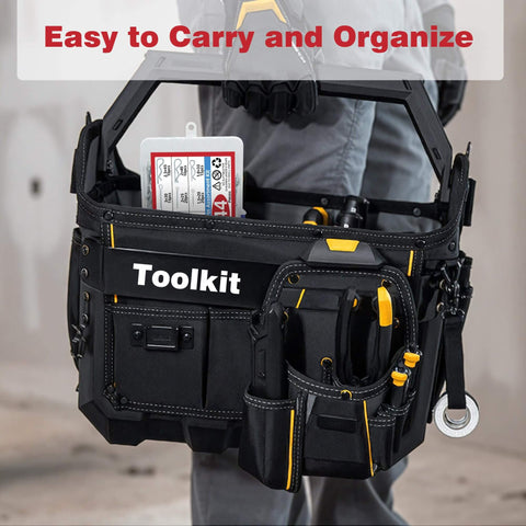 Man holding toolkit bag with 144 Piece Clevis Pin And Cotter Pin Kit With 15 Sizes Zinc Plated Flat Head Pins R Clips Hair Pin Assortment visible inside