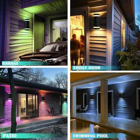 Lit RGB Outdoor Wall Lights With RF Remote, Color Changing Porch Sconces at garage, front door, patio, and swimming pool.