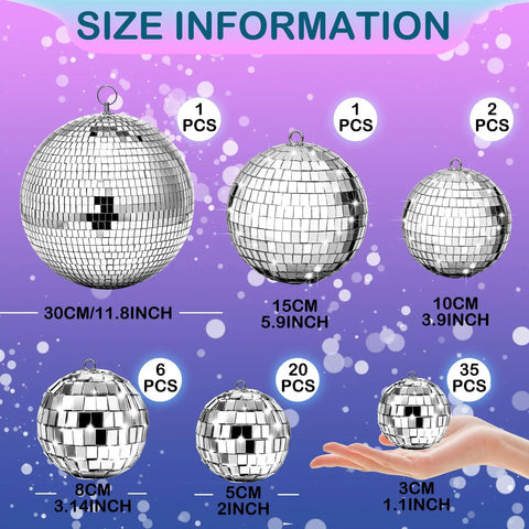 65 Piece Disco Ball Decor Set With Mixed Size Reflective Hanging Mirror Orbs for Weddings Parties Carnival Stage Lighting