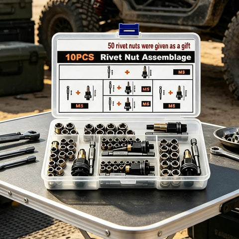 Beefy Heavy Duty Rivet Nut Tool Kit With 60 Piece M3 To M8 Threaded Inserts, All In One Fastener Supply For Auto, Furniture, And Metalwork Repair, Easy Grip Handle, Durable Steel Set For Quick Thin Sheet Metal Fixes, open case with M3-M8 rivet nuts