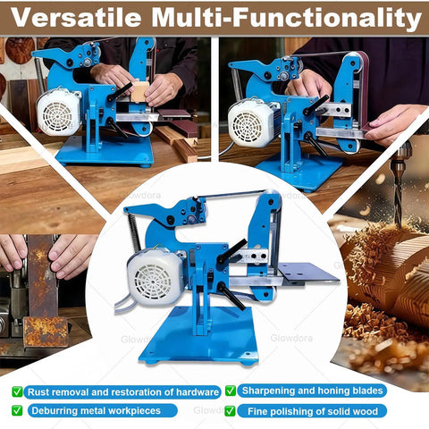 Heavy Duty Electric Belt Sander And Bench Grinder Featuring Variable Speed Controls, blue metal body designed for multi-functional sharpening tasks.