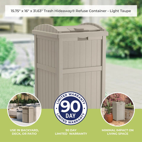 Hideaway Outdoor Trash Can With Lid 30 Gallon Weather Resistant Resin Bin With A Wicker Style Look For Patio And Yard Keeps Pests And Odors Out Fits 30 To 33 Gallon Bags Made In USA, taupe color on patio