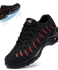 Steel Toe Work Shoes For Men Lightweight Puncture-Resistant Sneaker Breathable Slip-Resistant Safety Toe Shoes For Construction Jobs On The Job Site With All Day Comfort And Durable Cushioned Insole in red and black showing side view