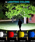 Rechargeable 2 Million Lumen Spotlight With Beastly Bright LED showing four lighting colors: white, red, yellow, and blue.